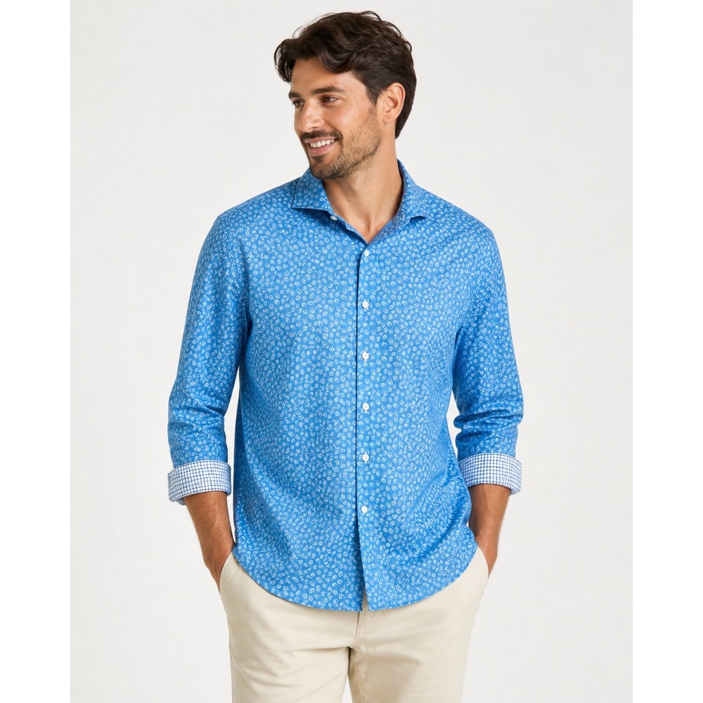 Men's Blue Pattern Button Up Shirt Large Egara Casual Resort Vacation Summer